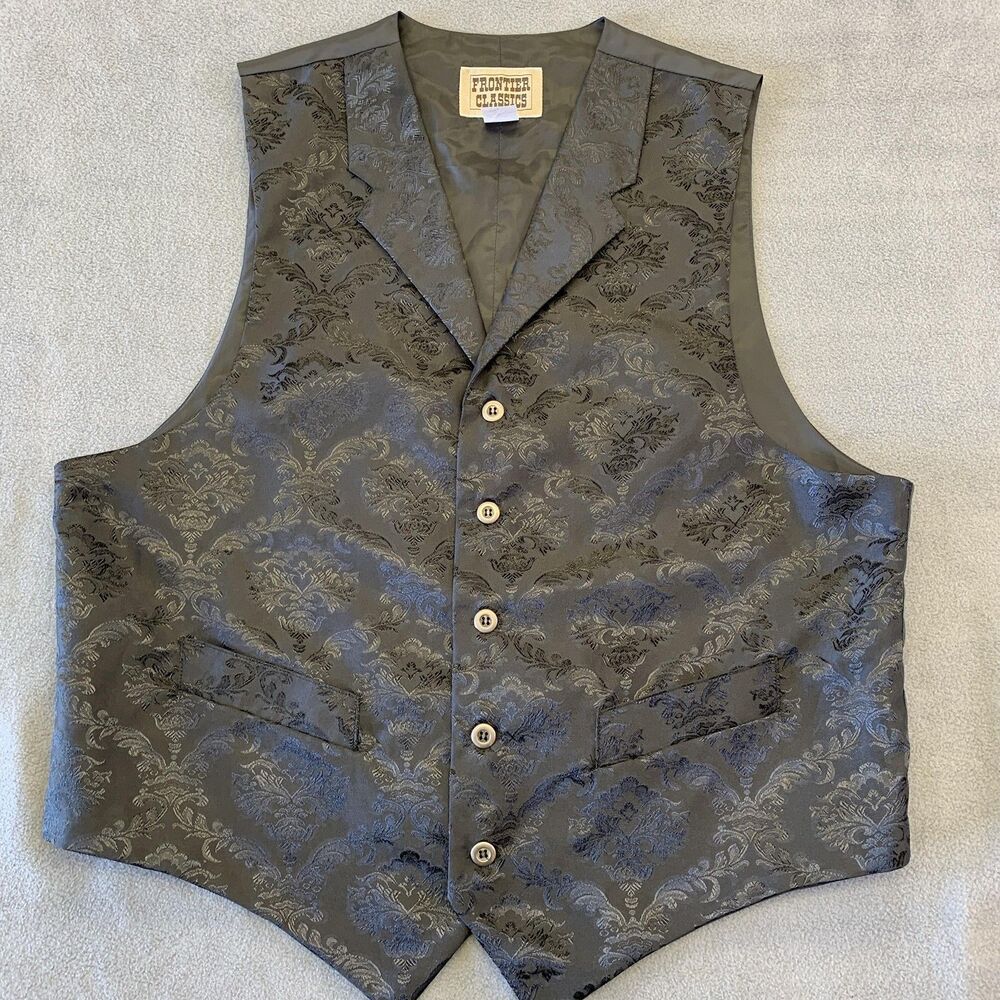 Frontier Classics Suit Vest Mens Large Black Floral Jacquard Western Steampunk